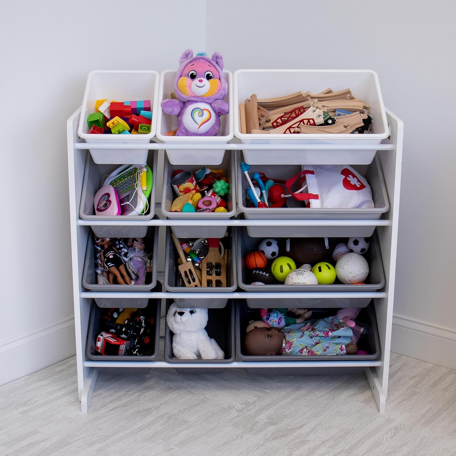 12-Bin Toy Organizer – White/Grey Gradient Ombre Frame with Chalkboard, Eraser & Chalk, Multi-Tier Storage for Kids' Playrooms and Nurseries - NestledHome