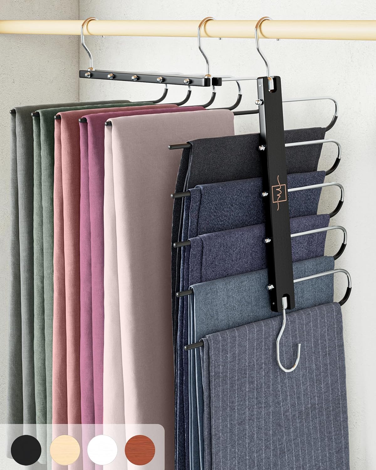 MORALVE Pants Hangers Space Saving - 2 Pack European Beechwood Scarf and Jean Hangers - Closet Organizer and Space Saver Pant Rack, Leggings Hanger, and Scarf Holder with 360° Swivel Hook - NestledHome
