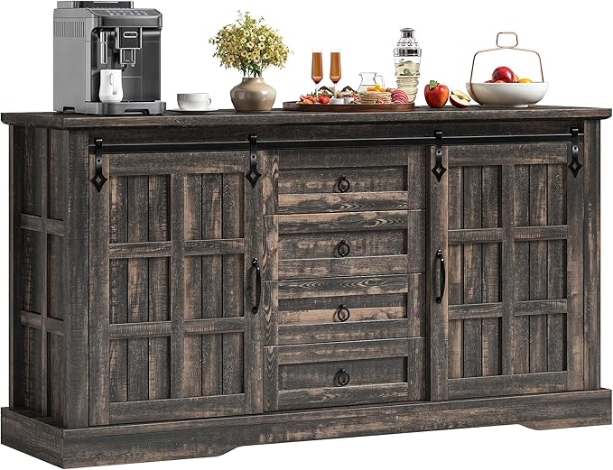 DWVO Farmhouse Sideboard Buffet Cabinet with Storage, Large Kitchen Storage Cabinet w/Sliding Barn Doors and Drawers for Dining Room, Living Rool, Dark Rustic Oak