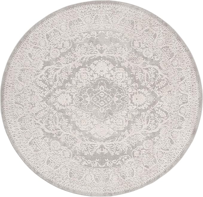 SAFAVIEH Area Rug 5' Round - Reflection Collection - Light Grey & Cream, Non-Shedding & Easy Cleaning, Ideal for Living Room, Bedroom (RFT668G)