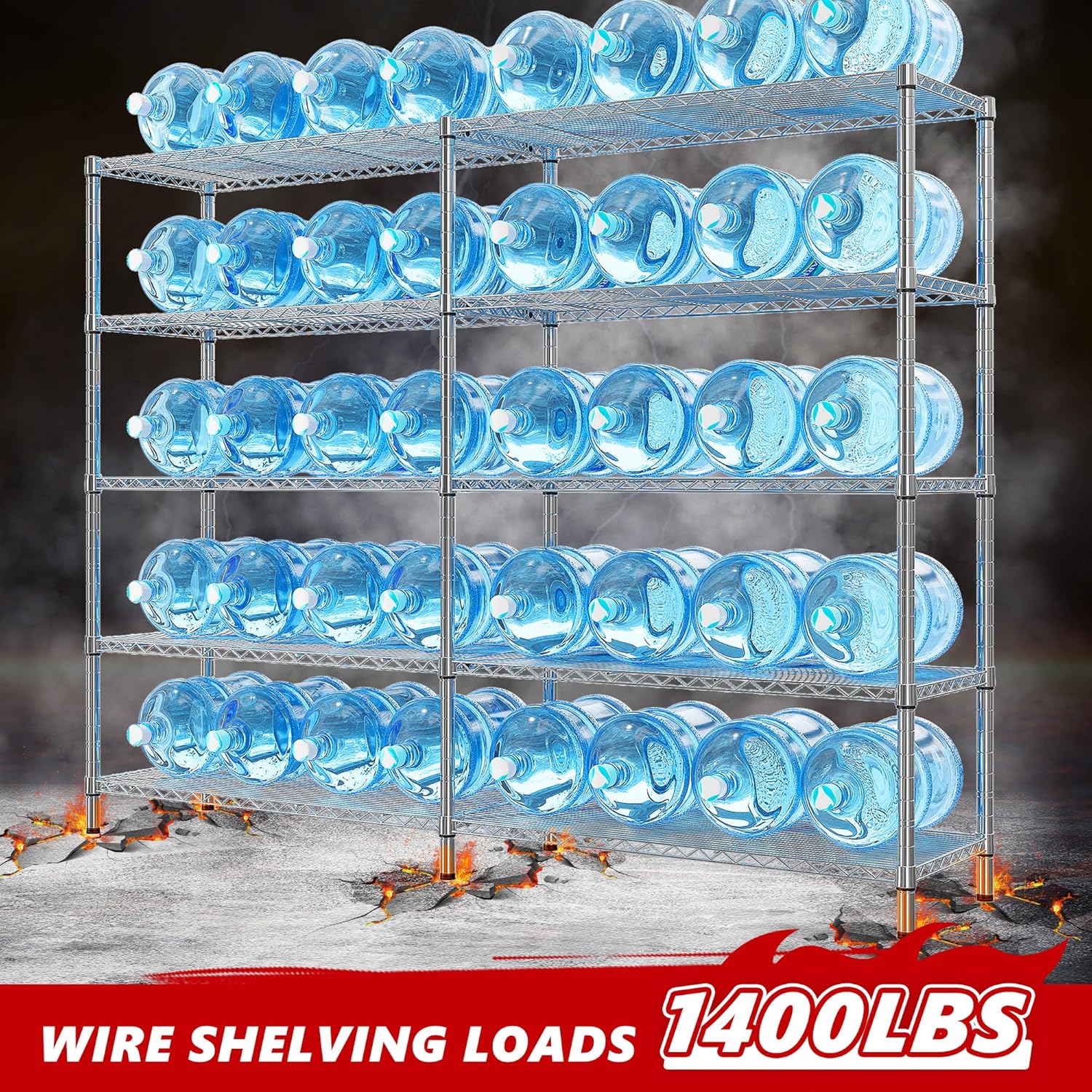 REIBII 58" W 5 Tier Heavy Duty Wire Shelving Unit with Adjustable Shelves - 1400LB Metal, Chrome - 58" W x 59" H x 13.8" D - Garage, Pantry, Kitchen - NestledHome
