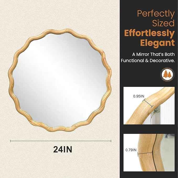 Round Wood Mirrors for Wall, 24" Boho Cirecle Wavy Mirror with Wooden Frame, Decorative Mirror with Tempered Glass, Natural Wooden Frame Vanity Mirror for Bedroom, Living Room, Entryway