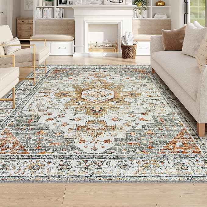 Moynesa Ultra-Thin Vintage Area Rug 6x9, Large Living Room Rugs for Bedroom Aesthetic, Washable Carpet for Under Dining Room Table, Oriental Medallion Printed Low Pile Mat for Office Playroom Dorm