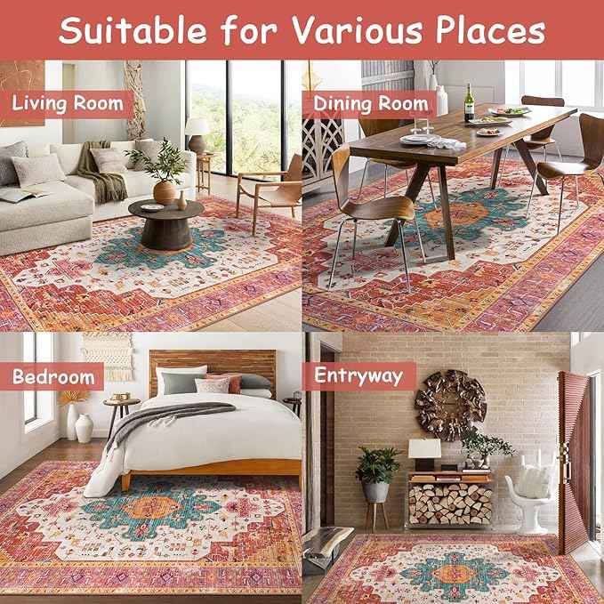 Moynesa Ultra-Thin Pink Area Rug - 9x12 Large Bedroom Rugs for Living Room Non-Slip Non-Shedding Dining Room Mat, Vintage Indoor Floor Carpet for Girls Nursery Playroom Office