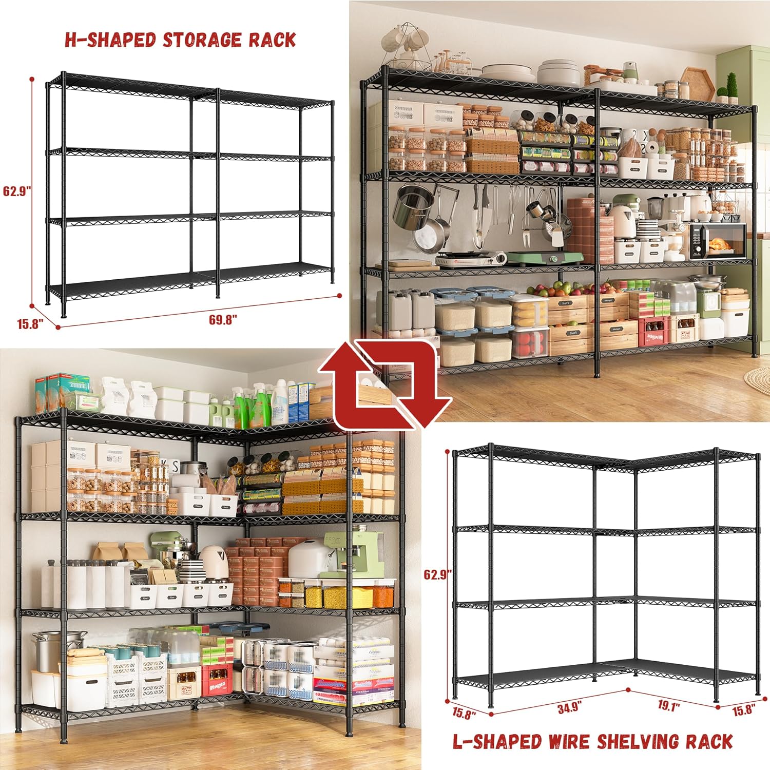 REIBII 69.8" W Storage Shelves 1250LBS Wire Shelving Unit 4 Tier Metal Shelving for Storage Rack Shelves Adjustable Heavy Duty Garage Shelf Pantry Shelves Kitchen Shelving, 69.8"Wx15.8"Dx62.9"H,Black - NestledHome