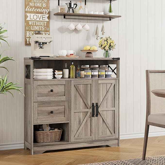 Vabches Farmhouse Buffet Sideboard Cabinet with Drawers and Open Shelf, 38.5" Storage Cabinet with Adjustable Shelves and Door, Modern Coffee Bar Hutch Pantry for Kitchen, Living Room, Entryway, Grey