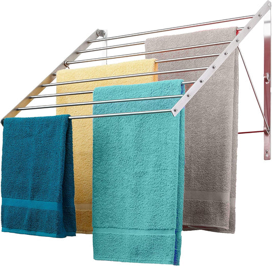 Smartsome | Wall Mounted | Clothes Drying Rack| 22" Wide |15 Linear Feet Capacity | 8 Smooth Round Stainless Steel Rods | 60 lb Capacity | Fully Assembled | Compact Sturdy Space-Saving Design - NestledHome
