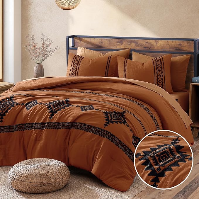 MaiRêve Embroidery Comforter Set, Boho Farmhouse Western Bedding Set, All Season Bed in A Bag Comforter Set with Sheets, Pillowcases & Shams, Burnt Orange King 7 Pieces
