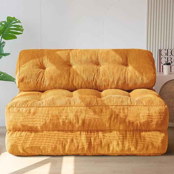 MAXYOYO Folding Sofa Bed, Convertible Sleeper Chair with Pillow Foldable Matress with Back Support, Portable Fold Out Chair Bed Comfy Floor Sofa Lounge for Living Room Bedroom, Orange Double