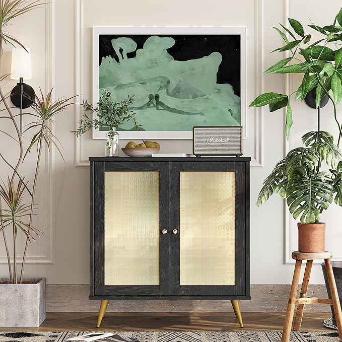 Shintenchi Rattan Buffet Cabinet with Storage, Sideboard Buffet Cabinet with Rattan Decor Doors, Modern Wood Cupboard for Kitchen Living Room Dining Room Hallway Entry,Black