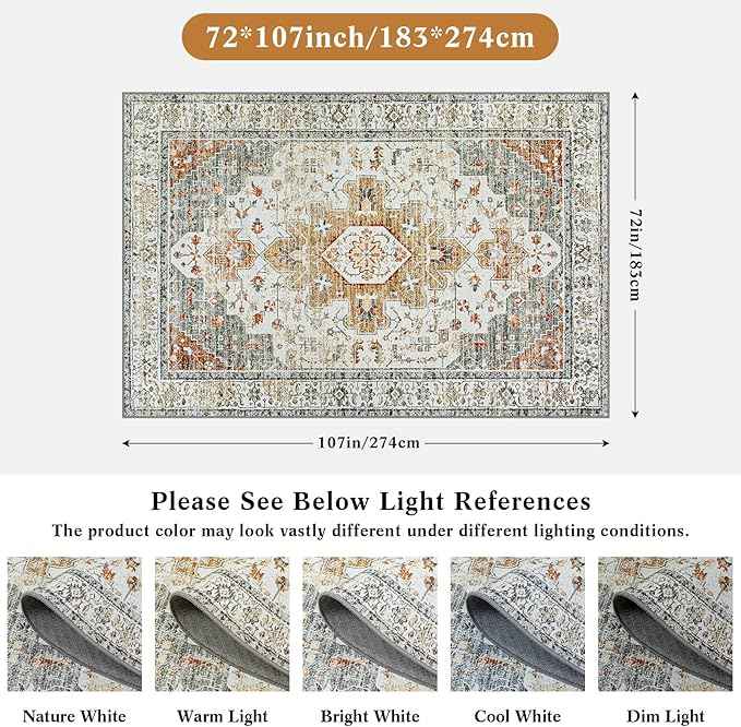 Moynesa Ultra-Thin Vintage Area Rug 6x9, Large Living Room Rugs for Bedroom Aesthetic, Washable Carpet for Under Dining Room Table, Oriental Medallion Printed Low Pile Mat for Office Playroom Dorm