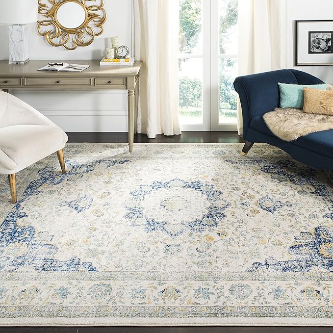 SAFAVIEH Evoke Collection Runner Rug - 2'2" x 4', Ivory & Blue, Shabby Chic Oriental Medallion Design, Non-Shedding & Easy to Clean, Ideal for Foyer, Kitchen, Entryway (EVK220C)