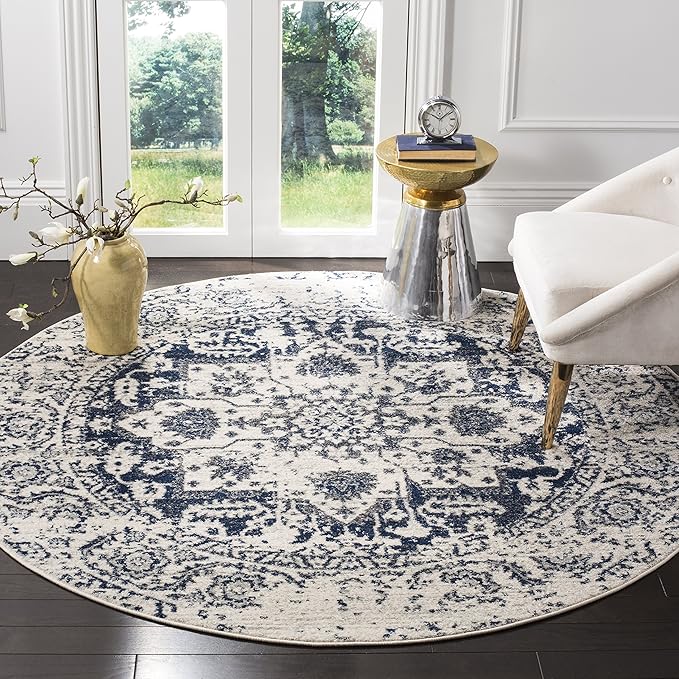 SAFAVIEH Madison Collection Area Rug - 8' Round, Cream & Navy, Snowflake Medallion Distressed Design, Non-Shedding & Easy Care, Ideal for High Traffic Areas in Living Room, Bedroom (MAD603D)