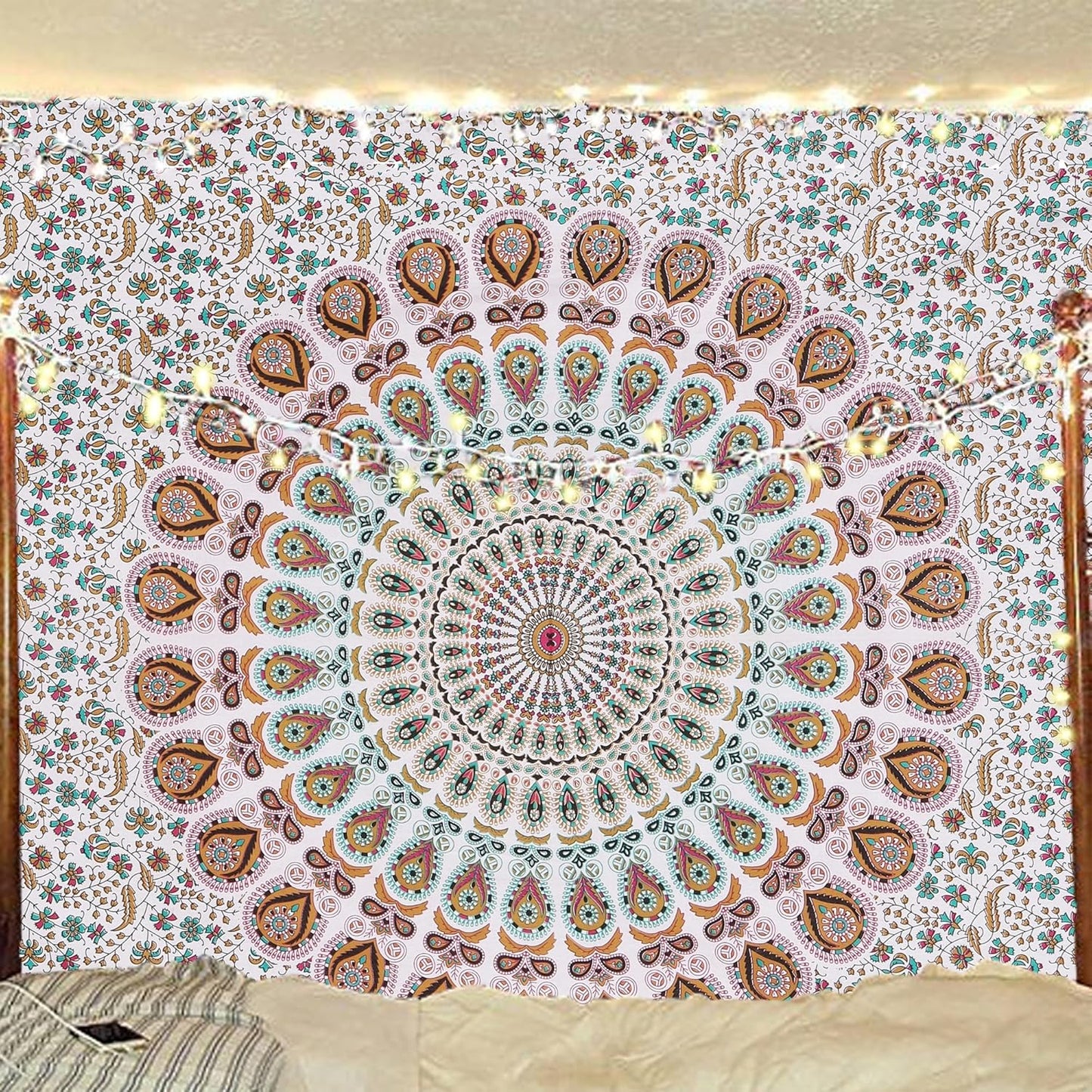 Bless International Handmade Indian hippie Bohemian Psychedelic Peacock Mandala Wall hanging College Dorm Beach Throws Table Cloth Bedding Tapestry (Floral Gold, Twin(54x72Inches)(140x185cms))