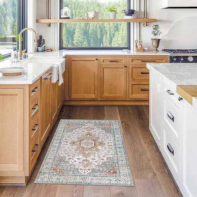 Moynesa Ultra-Thin Washable Area Rug - 3x5 Entryway Rug Washable Bedroom Rug Non Slip Front Door Mat, Vintage Medallion Printed Indoor Carpet for Living Laundry Bathroom Vanity Foyer, Beige/Gold