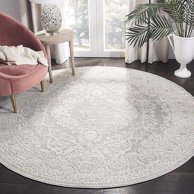 SAFAVIEH Reflection Collection Area Rug - 6'7" Round, Light Grey & Cream, Non-Shedding & Easy Cleaning, Ideal for Living Room, Bedroom (RFT668G)