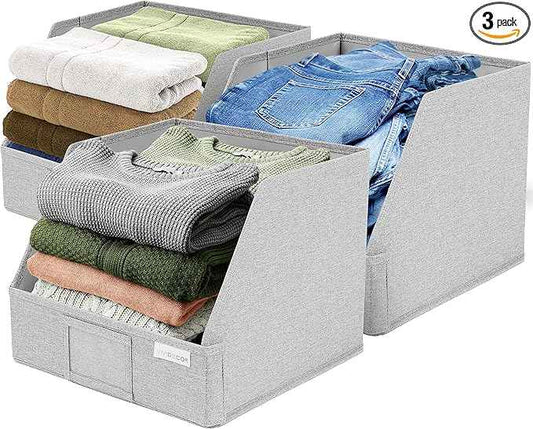 Trapezoid Closet Bins for Shelves – 12x12x10 Fabric Storage Baskets, Closet Organizers Bins, Open Front Fabric Baskets, Collapsible Organizer Boxes for Clothes, Linen – Light Gray, 3 Pack