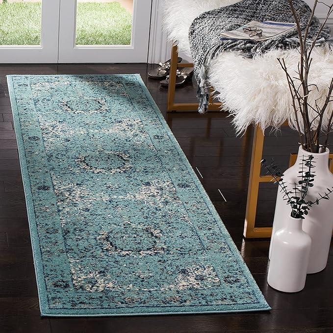 SAFAVIEH Evoke Collection Runner Rug - 2'2" x 7', Light Blue, Shabby Chic Oriental Medallion Design, Non-Shedding & Easy to Clean, Ideal for Hallway, Foyer, Kitchen, Entryway, Bedroom (EVK220E)