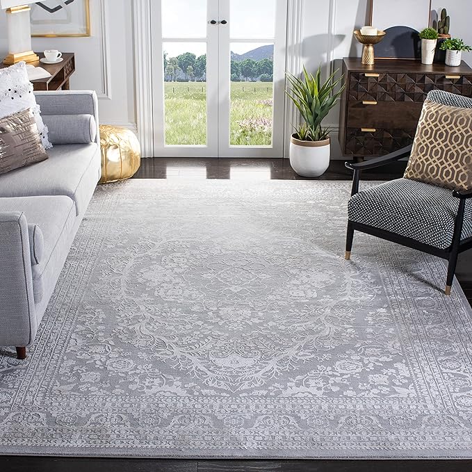 SAFAVIEH Area Rug 9x12 - Reflection Collection - Large - Light Grey & Cream, Non-Shedding & Easy Cleaning, Ideal for Living Room, Bedroom, Dining Space (RFT668G)