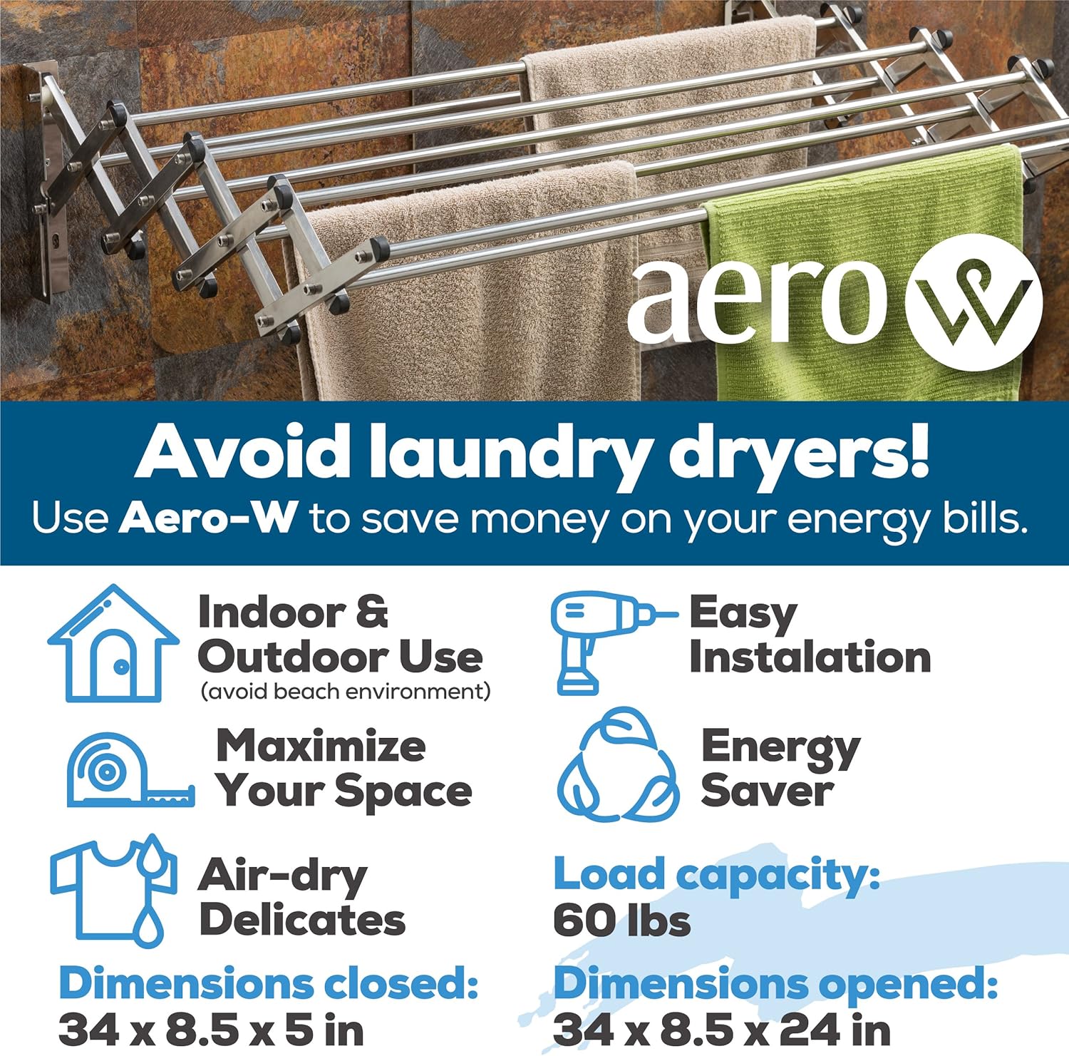 AERO W Racks Stainless Steel Wall Mounted Collapsible Laundry Clothes Drying Rack 60 Pound Capacity 22.5 Linear Ft - NestledHome