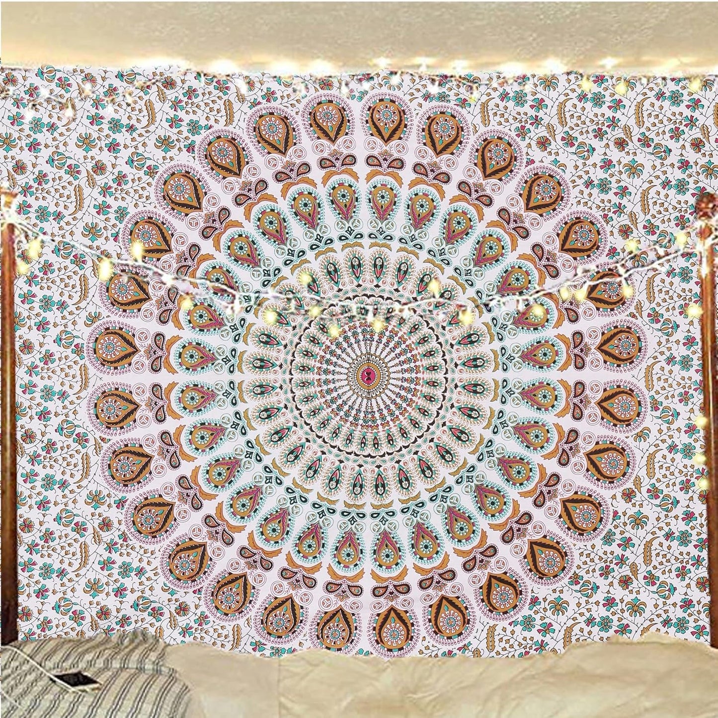 Bless International Handmade Indian hippie Bohemian Psychedelic Peacock Mandala Wall hanging College Dorm Beach Throws Table Cloth Bedding Tapestry (Floral Gold, Twin(54x72Inches)(140x185cms))