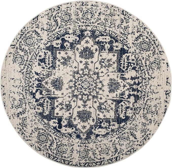 SAFAVIEH Madison Collection Area Rug - 8' Round, Cream & Navy, Snowflake Medallion Distressed Design, Non-Shedding & Easy Care, Ideal for High Traffic Areas in Living Room, Bedroom (MAD603D)