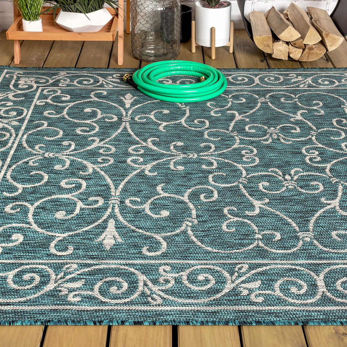 Vintage Filigree Indoor Outdoor Area Rug 5X8 Teal
