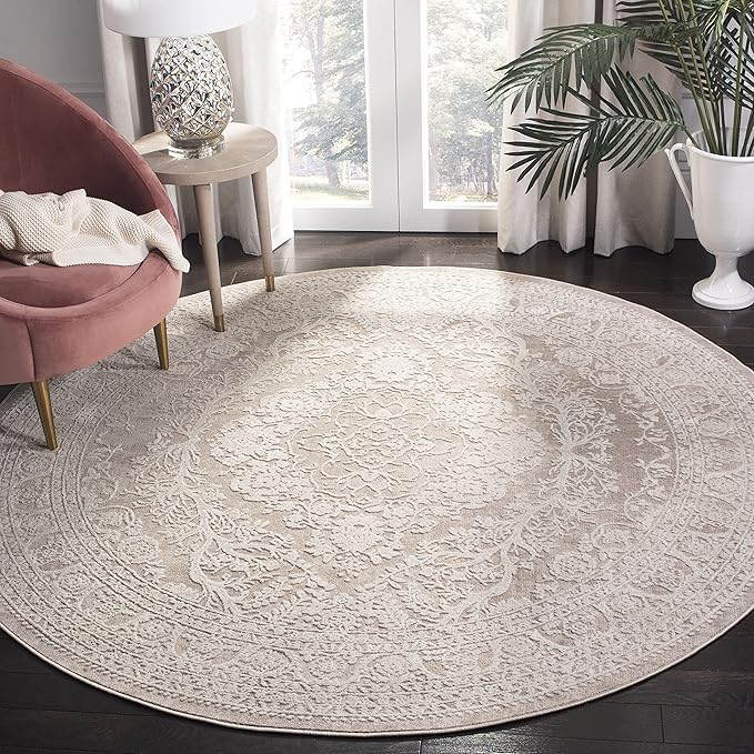 SAFAVIEH Reflection Collection Area Rug - 6'7" Round, Beige & Cream, Non-Shedding & Easy Cleaning, Ideal for Living Room, Bedroom (RFT668A)
