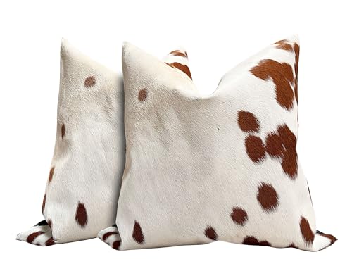 Pack of 2 Set Real Cowhide Genuine Leather Cushion Covers Throw Pillow for Farmhouse Decorations Chair Sofa Living Room Bedroom Decor Hair On Leather Fur 45 Cm 18 Inch MTO1703