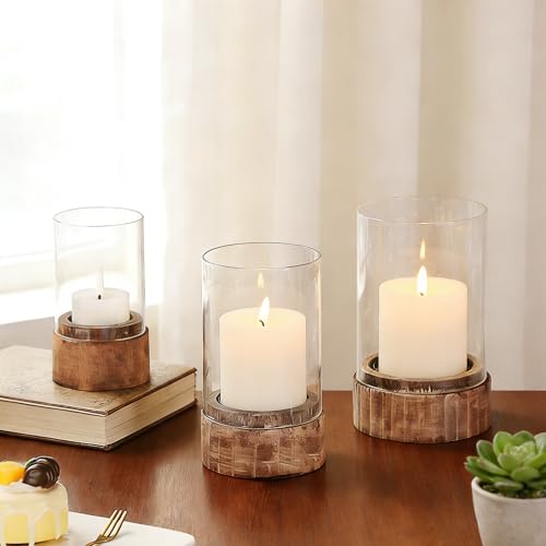 Glass Hurricane Candle Holders with Wooden Base