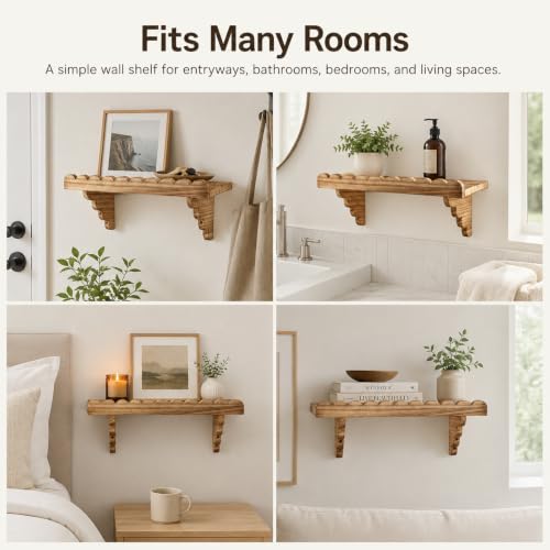 Scalloped Floating Wood Wall Shelf with Matching Wood Brackets