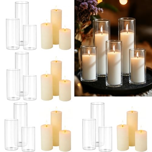 White Pillar Candles with Glass Candle Holders Clear Hurricane Candle Holders Glass Cylinder Vases for Centerpieces Wedding Party