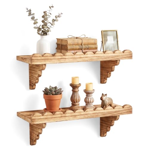 Scalloped Floating Wood Wall Shelf with Matching Wood Brackets