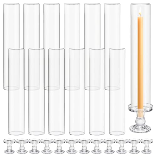 Set Glass Hurricane Pillar Candle Holders Candlestick 12.6"
