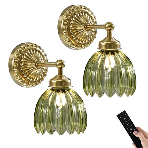 Vintage Battery Operated Wall Sconce with Tulip Glass Lampshade