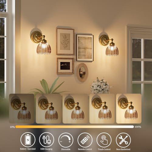 Vintage Battery Operated Wall Sconce with Tulip Glass Lampshade