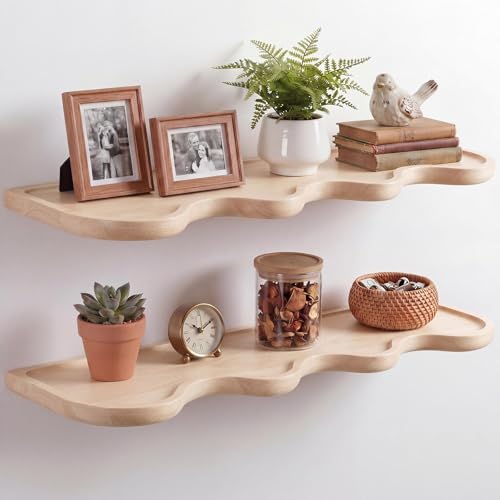 2 Pcs Floating Shelves for Wall Wood Scalloped Floatings Shelf Live Edge Floating Shelves Modern Scalloped Mounted Shelf Farmhouse Wall Decor for Home Bedroom Kitchen