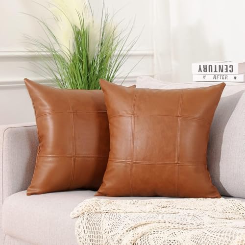 Set of 2 Classic Plaid Faux Leather Decorative Throw Pillow Covers