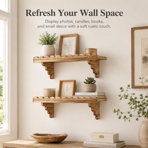 Scalloped Floating Wood Wall Shelf with Matching Wood Brackets