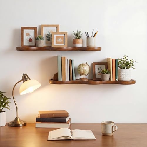 2 Pcs Floating Shelves for Wall Wood Scalloped Floatings Shelf Live Edge Floating Shelves Modern Scalloped Mounted Shelf Farmhouse Wall Decor for Home Bedroom Kitchen
