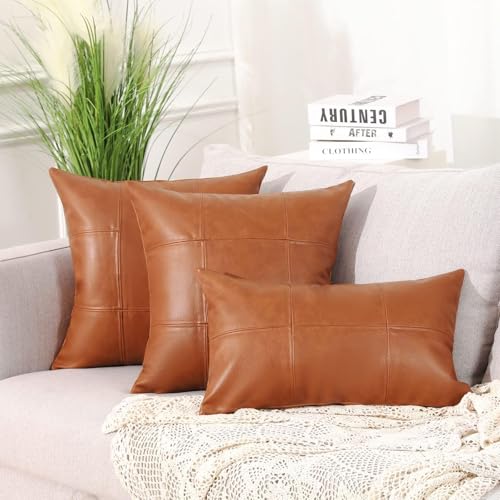 Set of 2 Classic Plaid Faux Leather Decorative Throw Pillow Covers