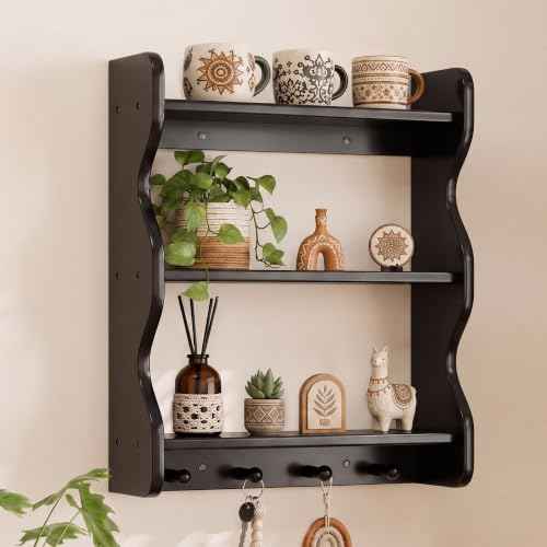 3 Tier Wooden Floating Wall Shelves with Hooks