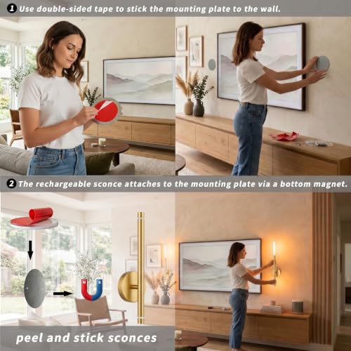 Battery Operated Wall Sconce Set of 2 Peel and Stick with Remote