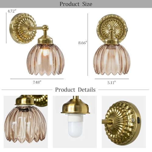 Vintage Battery Operated Wall Sconce with Tulip Glass Lampshade