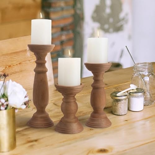 Rustic Wooden Pillar Candle Holders Set of 3