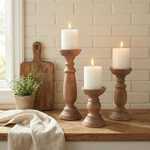 Rustic Wooden Pillar Candle Holders Set of 3