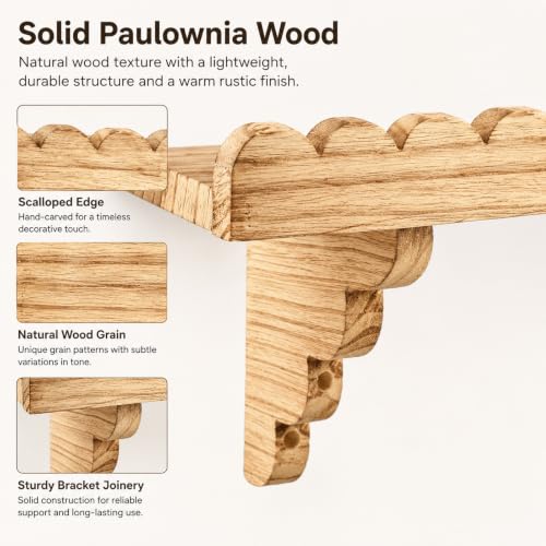Scalloped Floating Wood Wall Shelf with Matching Wood Brackets