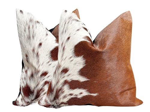 Pack of 2 Set Real Cowhide Genuine Leather Cushion Covers Throw Pillow for Farmhouse Decorations Chair Sofa Living Room Bedroom Decor Hair On Leather Fur 45 Cm 18 Inch MTO1703