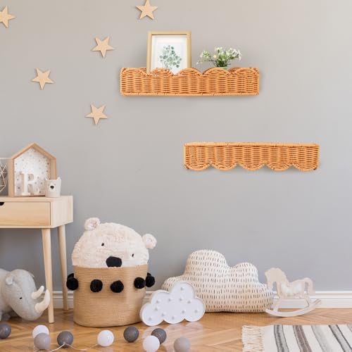 Nursery Book Shelves Scalloped Rattan Wall Shelf 15.8 Inch Wall Mounted Floating Bookshelve for Nursery Room Bedroom