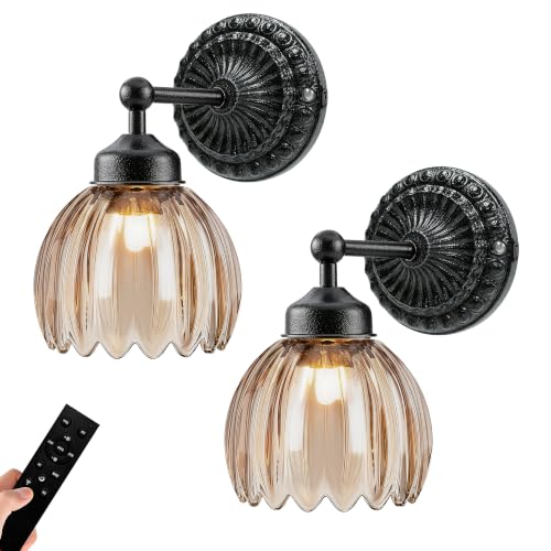 Vintage Battery Operated Wall Sconce with Tulip Glass Lampshade